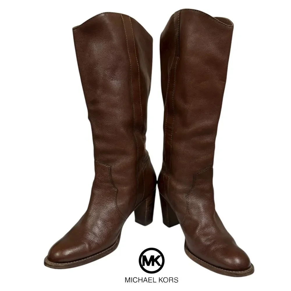 KORS Michael Kors Women’s Brown Leather Heeled Knee High Boots 8